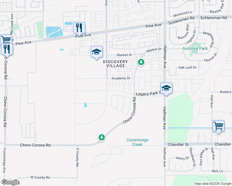 map of restaurants, bars, coffee shops, grocery stores, and more near 8558 Toyon Street in Chino