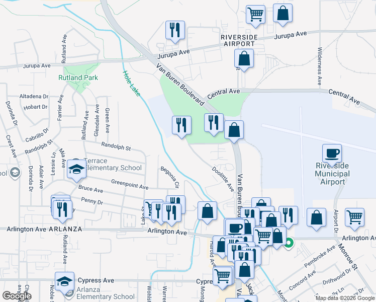 map of restaurants, bars, coffee shops, grocery stores, and more near 6692 Doolittle Avenue in Riverside