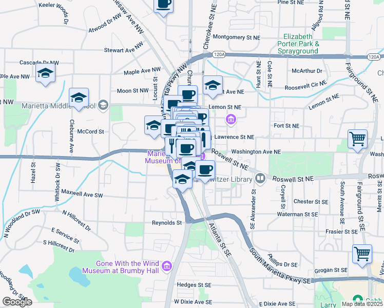 map of restaurants, bars, coffee shops, grocery stores, and more near in Marietta