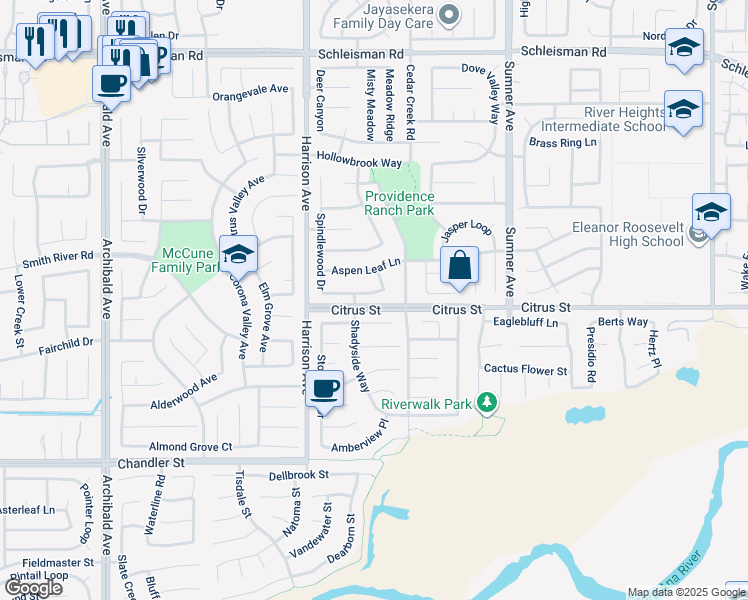 map of restaurants, bars, coffee shops, grocery stores, and more near 13665 Heatherwood Drive in Corona