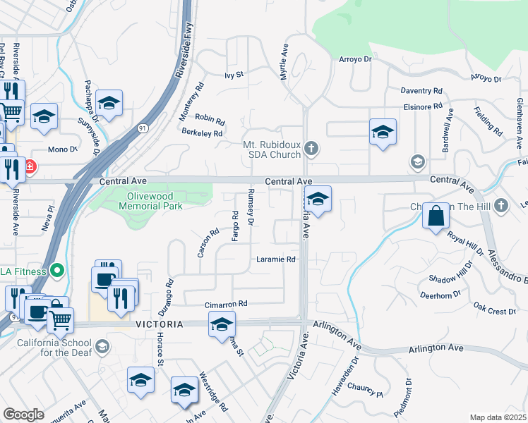 map of restaurants, bars, coffee shops, grocery stores, and more near 2808 Nevada Way in Riverside