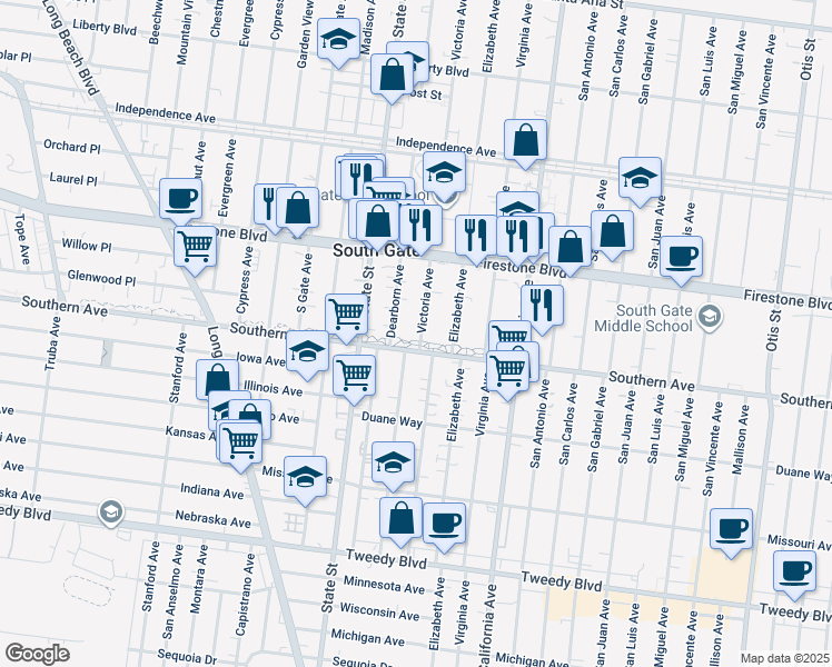 map of restaurants, bars, coffee shops, grocery stores, and more near 8991 Victoria Avenue in South Gate