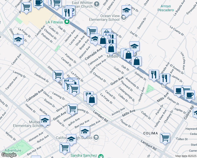 map of restaurants, bars, coffee shops, grocery stores, and more near 14302 Chestnut Street in Whittier