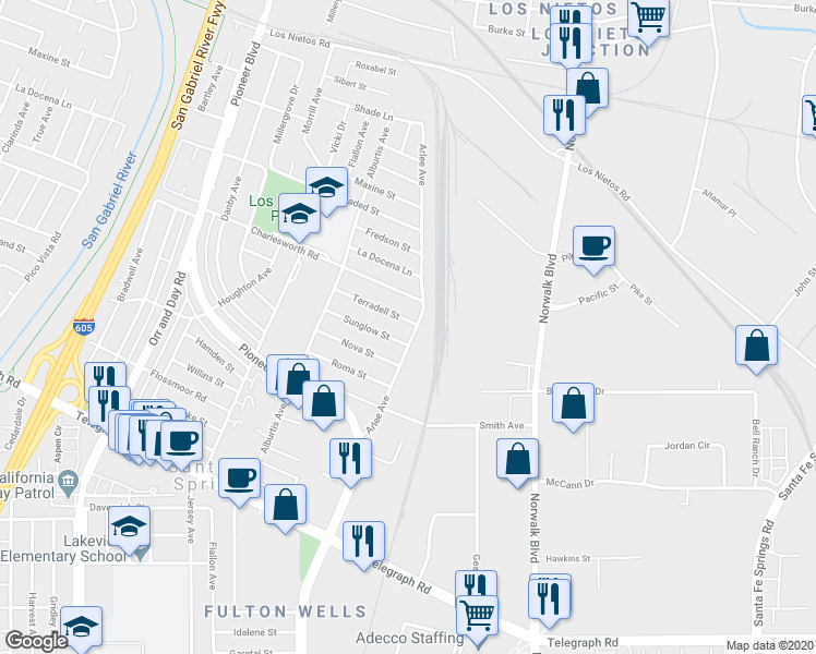 map of restaurants, bars, coffee shops, grocery stores, and more near 11742 Terradell Street in Santa Fe Springs