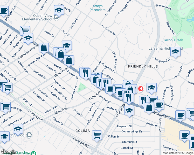 map of restaurants, bars, coffee shops, grocery stores, and more near 14724 Christine Drive in Whittier