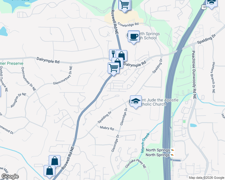 map of restaurants, bars, coffee shops, grocery stores, and more near 7200 Glisten Avenue Northeast in Sandy Springs