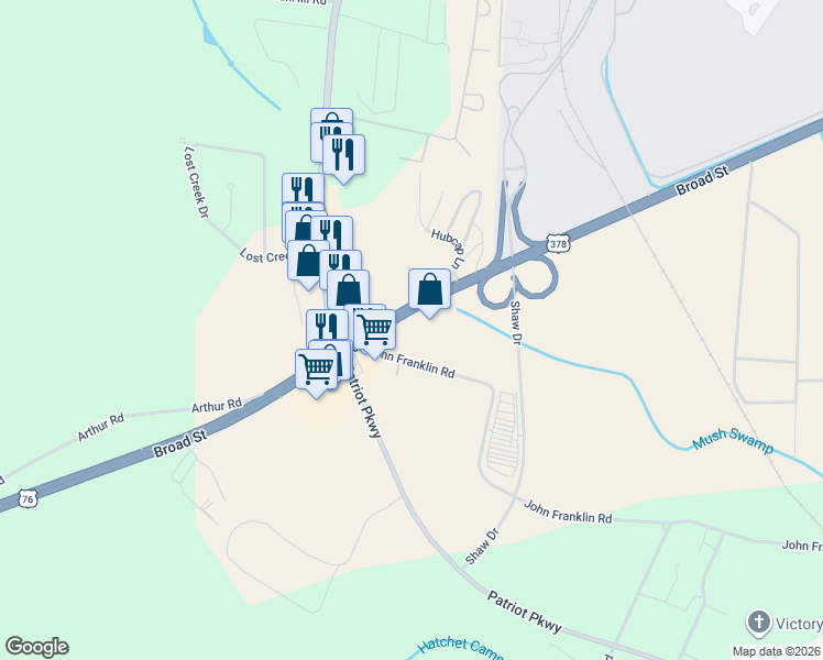 map of restaurants, bars, coffee shops, grocery stores, and more near 5590 Broad Street in Sumter