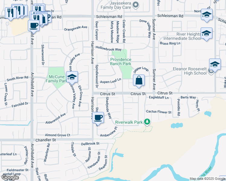 map of restaurants, bars, coffee shops, grocery stores, and more near 13665 Heatherwood Drive in Corona