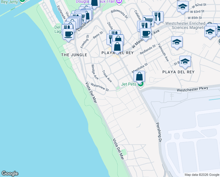 map of restaurants, bars, coffee shops, grocery stores, and more near 7548 Trask Avenue in Los Angeles