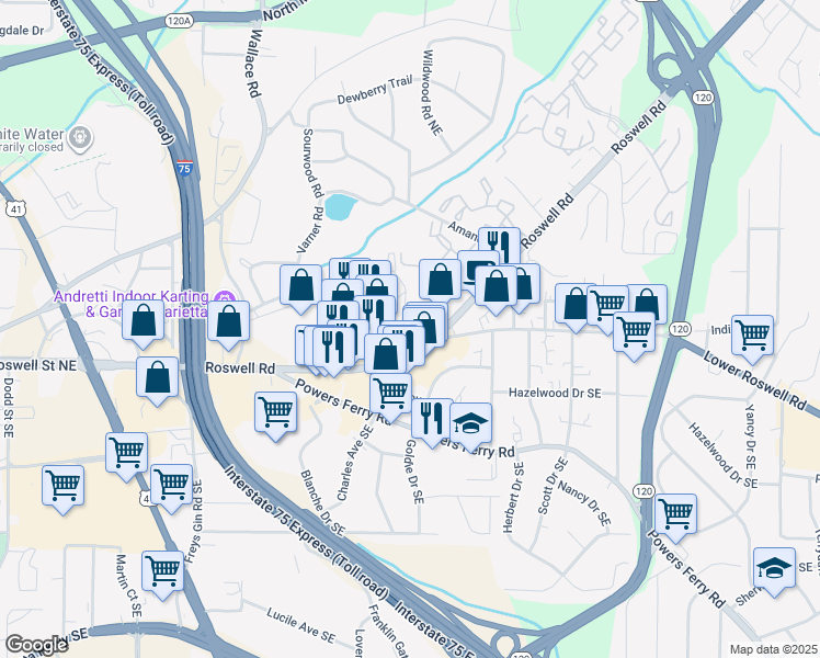map of restaurants, bars, coffee shops, grocery stores, and more near 1505 Roswell Road in Marietta