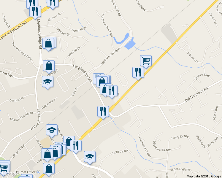 map of restaurants, bars, coffee shops, grocery stores, and more near 2801 Herrington Dr in Norcross