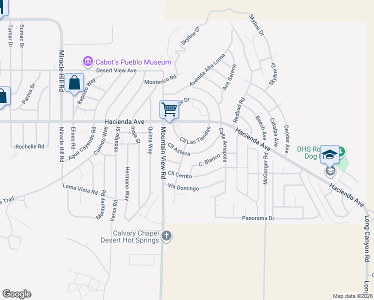 map of restaurants, bars, coffee shops, grocery stores, and more near 68111 Calle Las Tiendas in Desert Hot Springs
