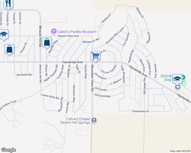 map of restaurants, bars, coffee shops, grocery stores, and more near 13215 Mountain View Road in Desert Hot Springs