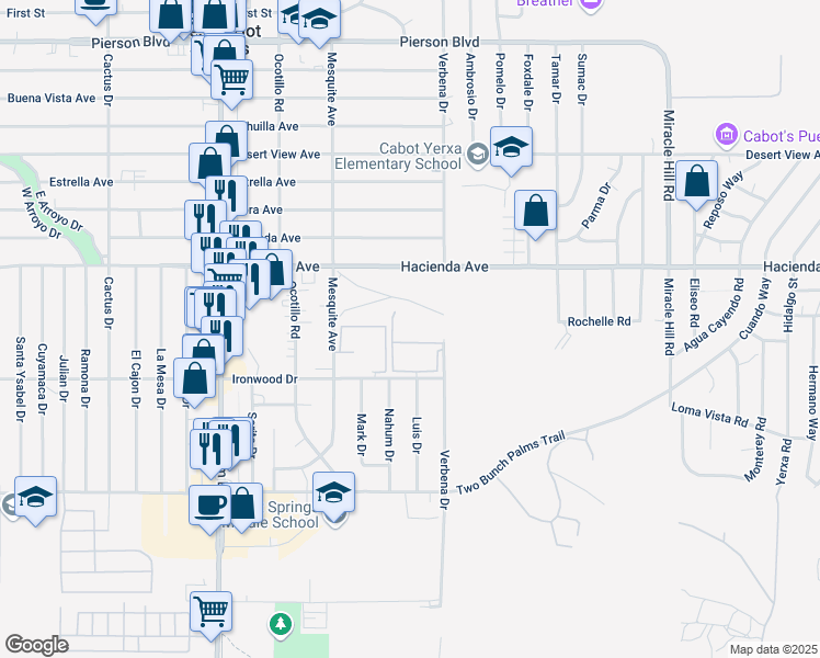 map of restaurants, bars, coffee shops, grocery stores, and more near 13355 Verbena Drive in Desert Hot Springs