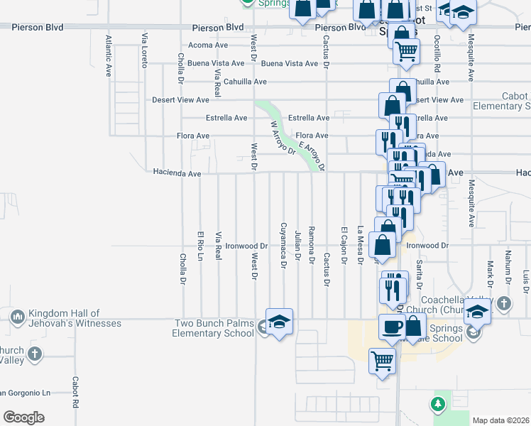 map of restaurants, bars, coffee shops, grocery stores, and more near 13227 Santa Ysabel Drive in Desert Hot Springs
