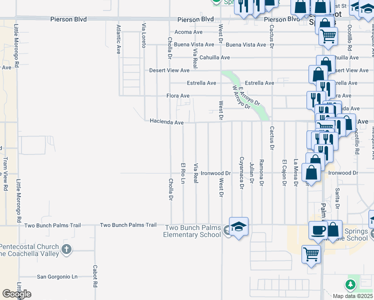map of restaurants, bars, coffee shops, grocery stores, and more near 13237 Vía Real in Desert Hot Springs