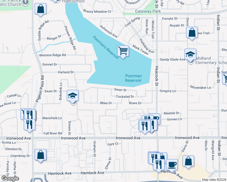 map of restaurants, bars, coffee shops, grocery stores, and more near 23638 Swan Street in Moreno Valley