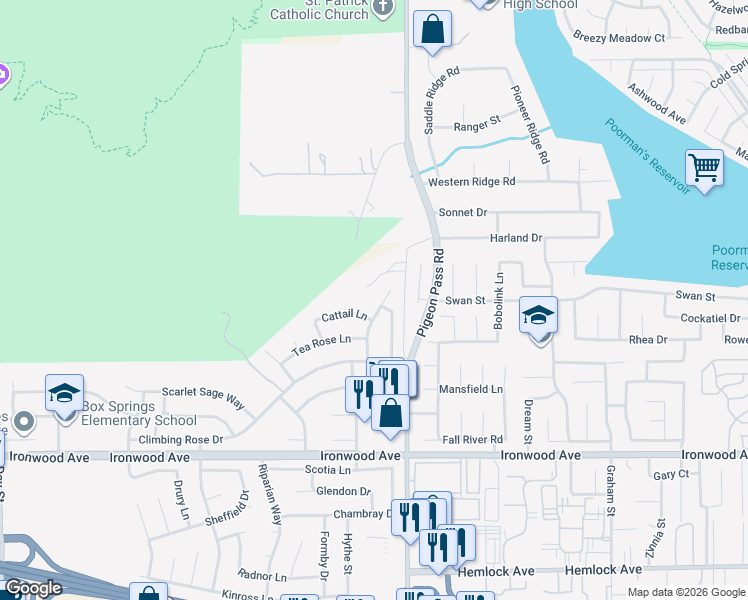 map of restaurants, bars, coffee shops, grocery stores, and more near 11649 Blue Lupin Lane in Moreno Valley