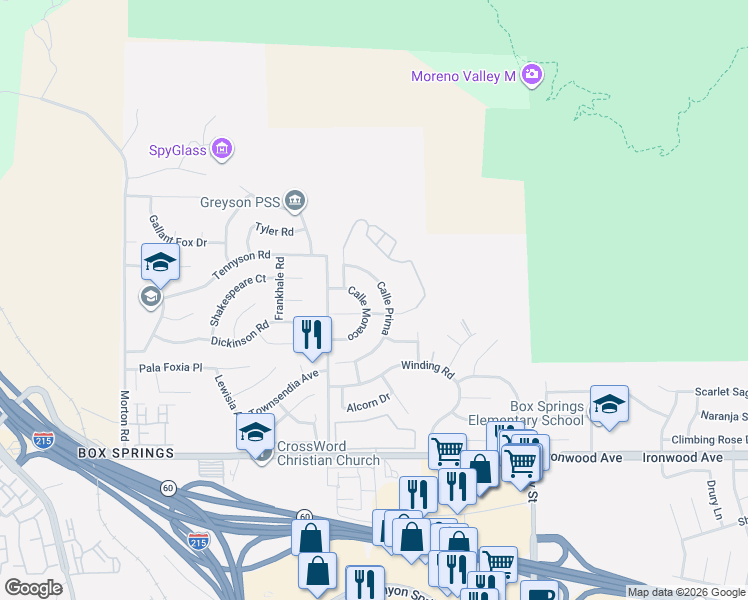 map of restaurants, bars, coffee shops, grocery stores, and more near 21775 Calle Monaco in Moreno Valley