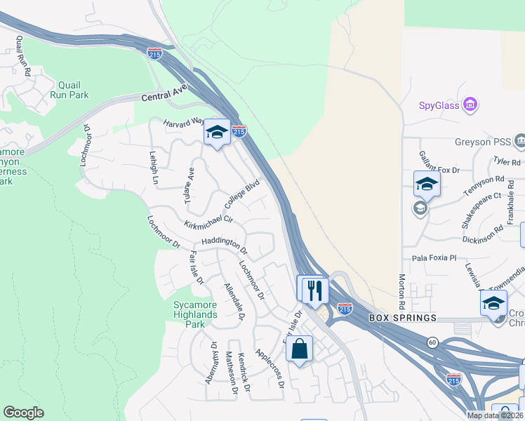map of restaurants, bars, coffee shops, grocery stores, and more near 20520 Claremont Avenue in Riverside