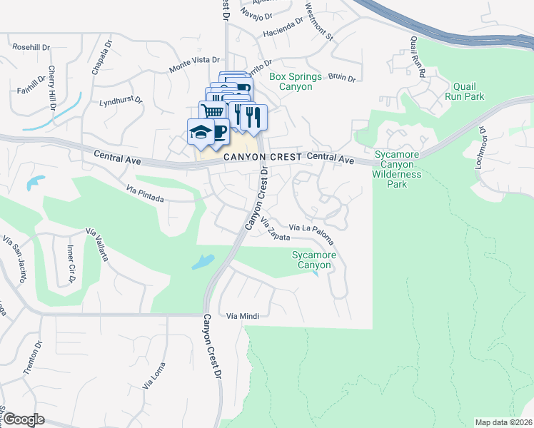 map of restaurants, bars, coffee shops, grocery stores, and more near 5423 Vía Alberca in Riverside