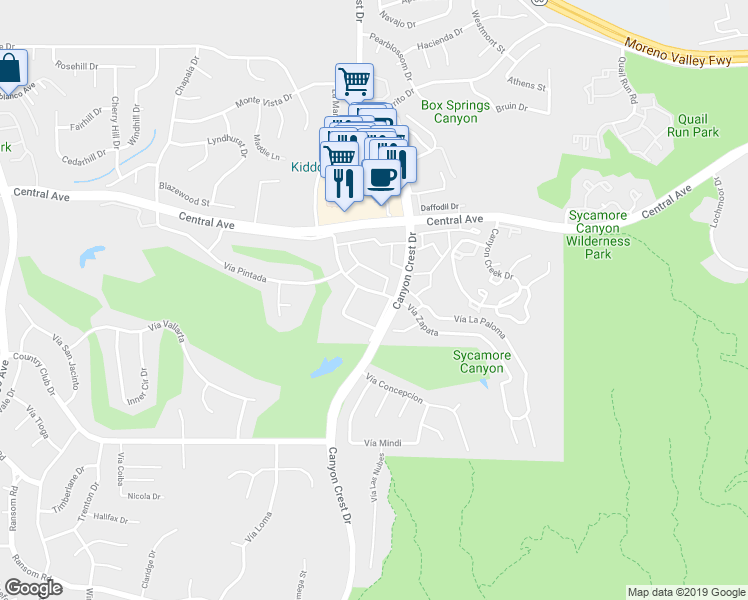 map of restaurants, bars, coffee shops, grocery stores, and more near 901 Vía Zapata in Riverside