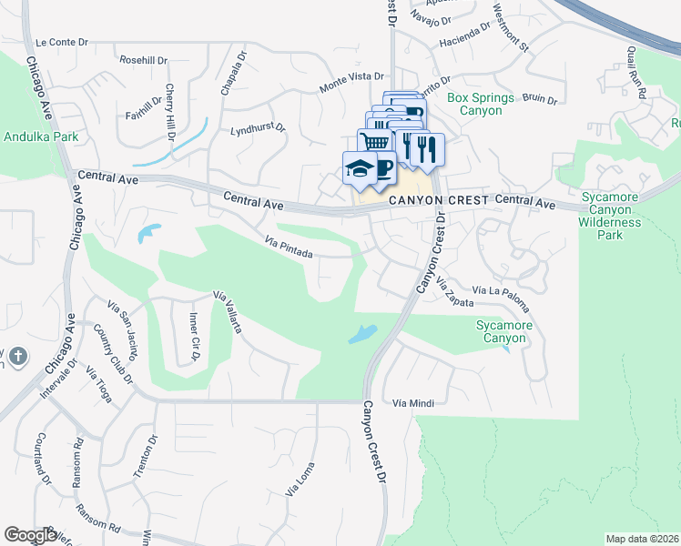 map of restaurants, bars, coffee shops, grocery stores, and more near 1030 Vía Pintada in Riverside