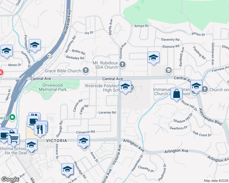 map of restaurants, bars, coffee shops, grocery stores, and more near 5454 Quince Street in Riverside