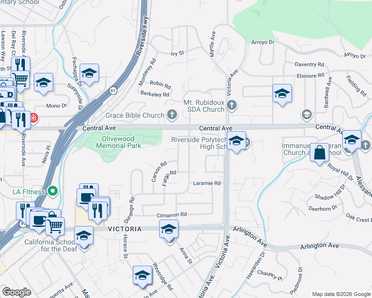 map of restaurants, bars, coffee shops, grocery stores, and more near 5454 Rumsey Drive in Riverside