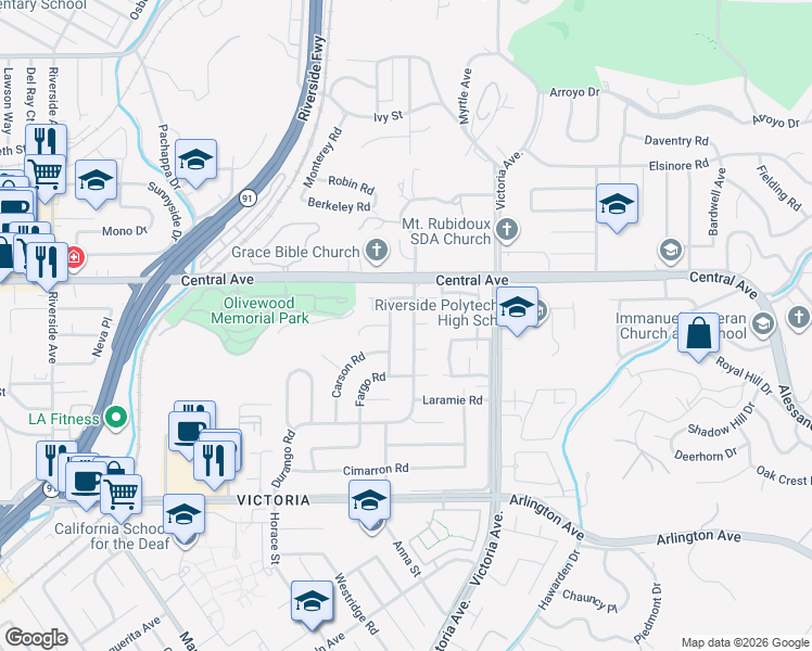 map of restaurants, bars, coffee shops, grocery stores, and more near 5454 Rumsey Drive in Riverside