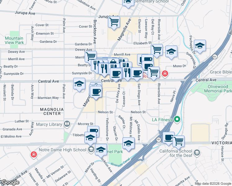 map of restaurants, bars, coffee shops, grocery stores, and more near 3701 Yosemite Way in Riverside