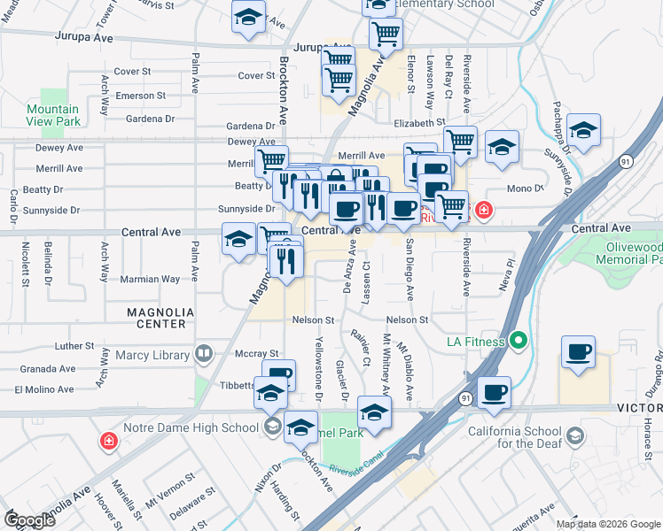 map of restaurants, bars, coffee shops, grocery stores, and more near 3701 Yosemite Way in Riverside