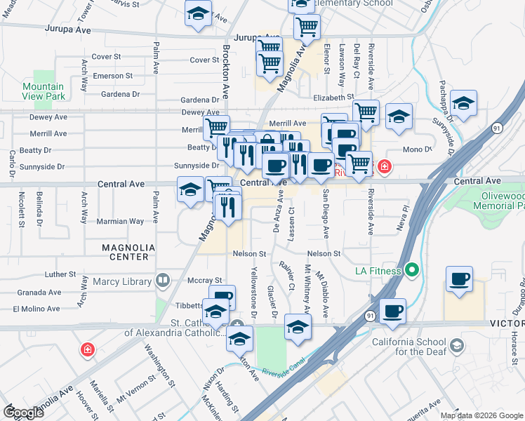 map of restaurants, bars, coffee shops, grocery stores, and more near 3701 Yosemite Way in Riverside