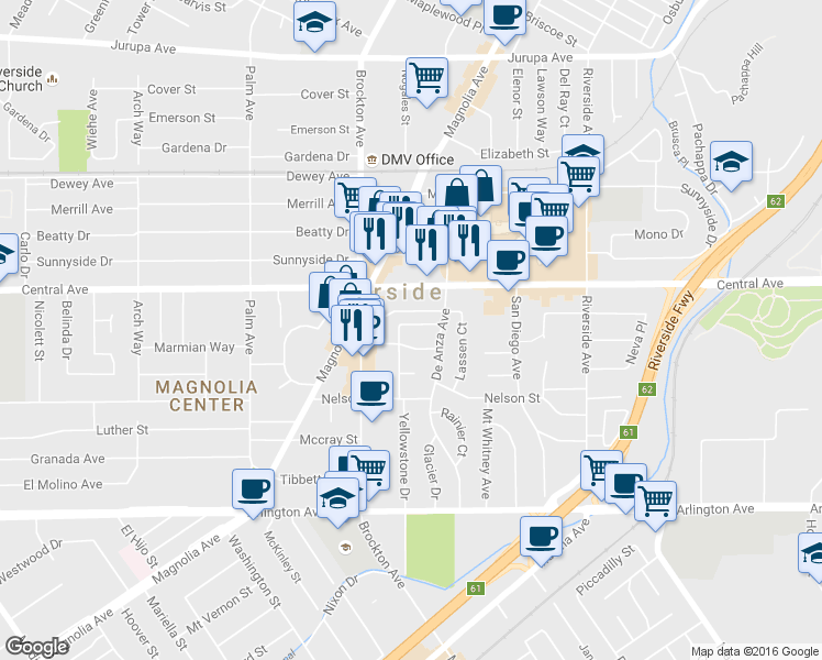 map of restaurants, bars, coffee shops, grocery stores, and more near 3701 Yosemite Way in Riverside