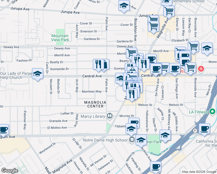 map of restaurants, bars, coffee shops, grocery stores, and more near 6650 Palm Avenue in Riverside