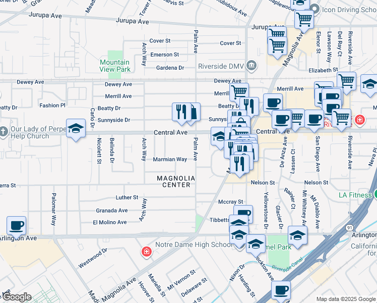 map of restaurants, bars, coffee shops, grocery stores, and more near 6655 Palm Avenue in Riverside