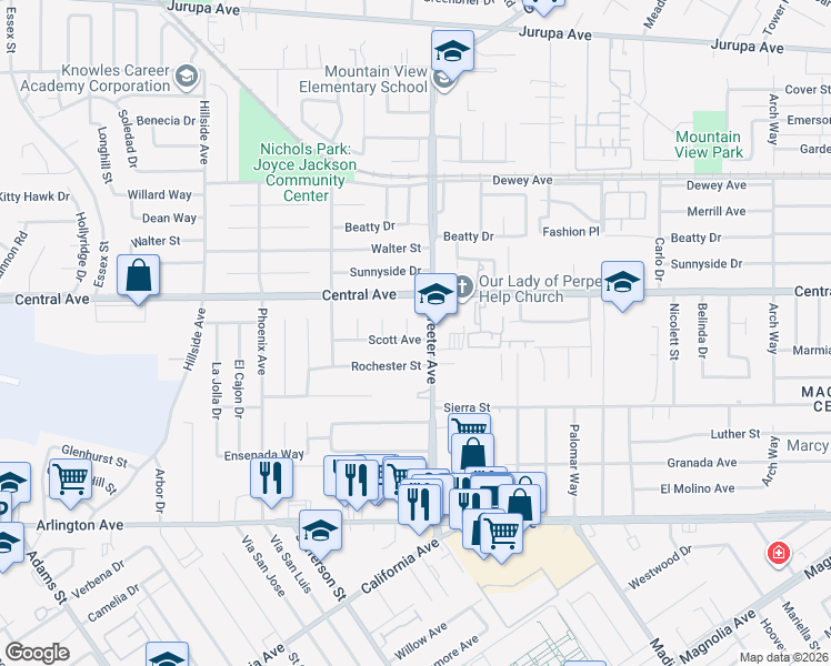 map of restaurants, bars, coffee shops, grocery stores, and more near 6645 Cathy Place in Riverside