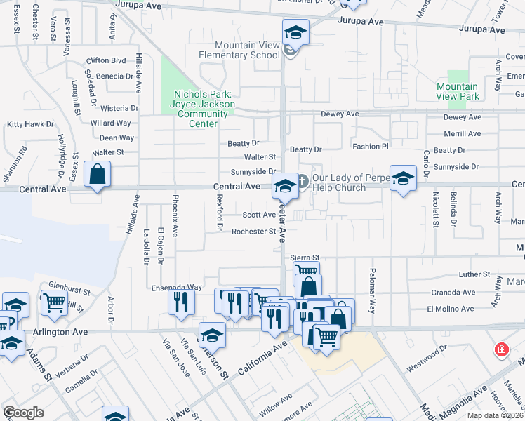 map of restaurants, bars, coffee shops, grocery stores, and more near 6645 Cathy Place in Riverside