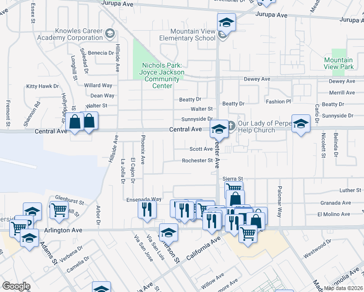 map of restaurants, bars, coffee shops, grocery stores, and more near 6644 Evelyn Place in Riverside