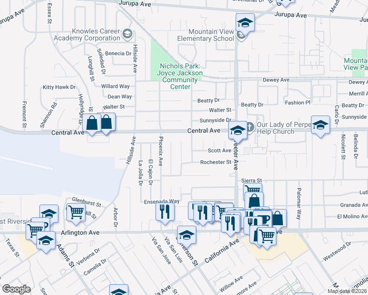 map of restaurants, bars, coffee shops, grocery stores, and more near 6641 Rexford Drive in Riverside