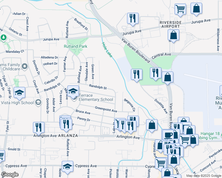 map of restaurants, bars, coffee shops, grocery stores, and more near 8337 Randolph Street in Riverside
