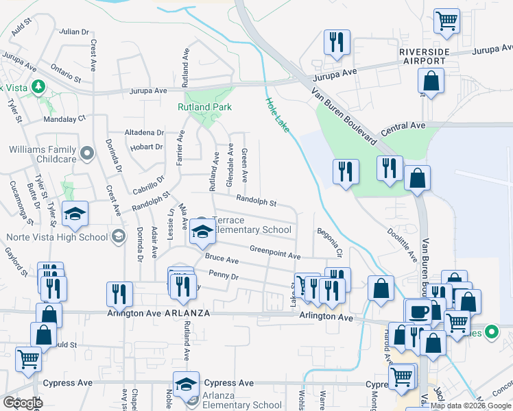 map of restaurants, bars, coffee shops, grocery stores, and more near 8613 Randolph Street in Riverside
