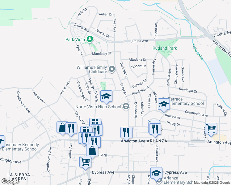 map of restaurants, bars, coffee shops, grocery stores, and more near 10035 Hillsborough Lane in Riverside