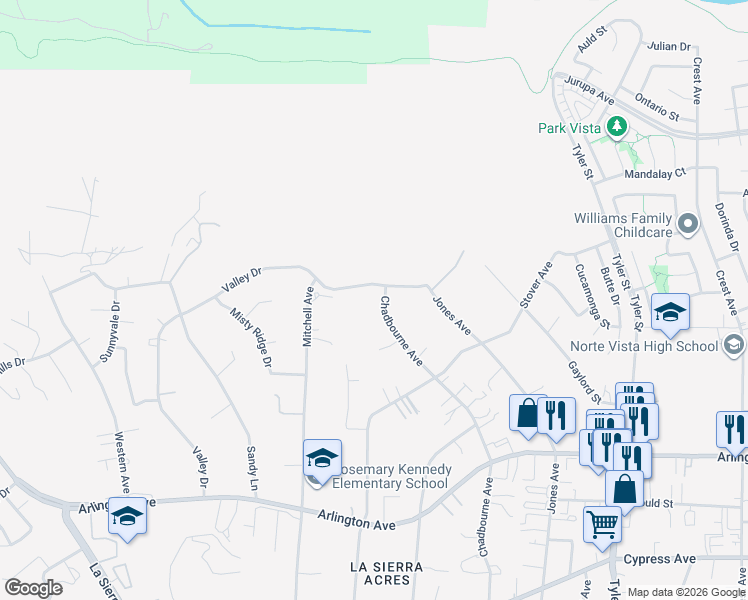 map of restaurants, bars, coffee shops, grocery stores, and more near 10716 Valley Drive in Riverside
