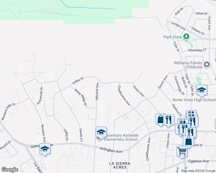 map of restaurants, bars, coffee shops, grocery stores, and more near 10716 Valley Drive in Riverside