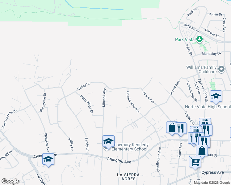 map of restaurants, bars, coffee shops, grocery stores, and more near 10716 Valley Drive in Riverside