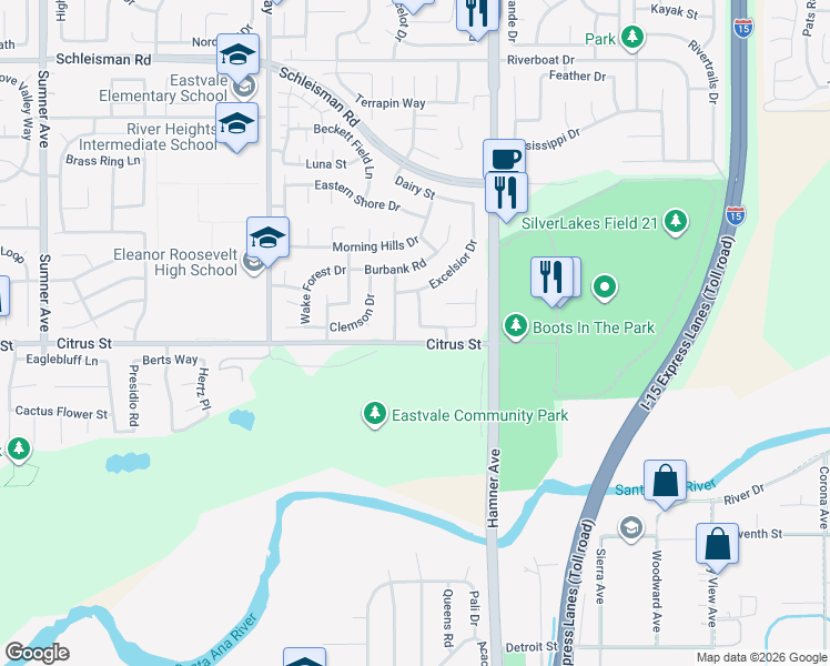 map of restaurants, bars, coffee shops, grocery stores, and more near 7486 Westcliff Way in Corona
