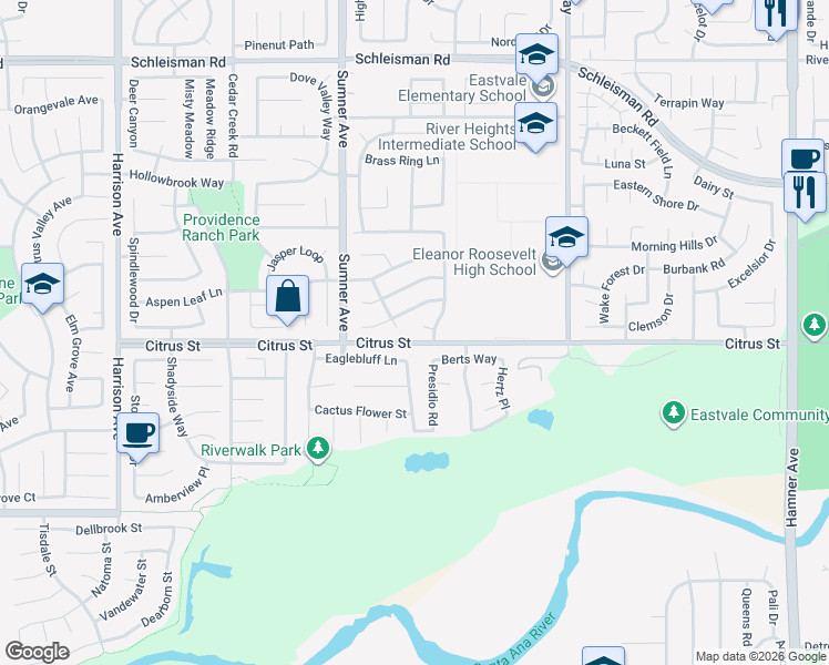 map of restaurants, bars, coffee shops, grocery stores, and more near 13280 Butterwood Court in Corona