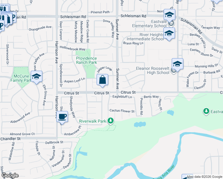 map of restaurants, bars, coffee shops, grocery stores, and more near 7468 Rock Creek Court in Corona