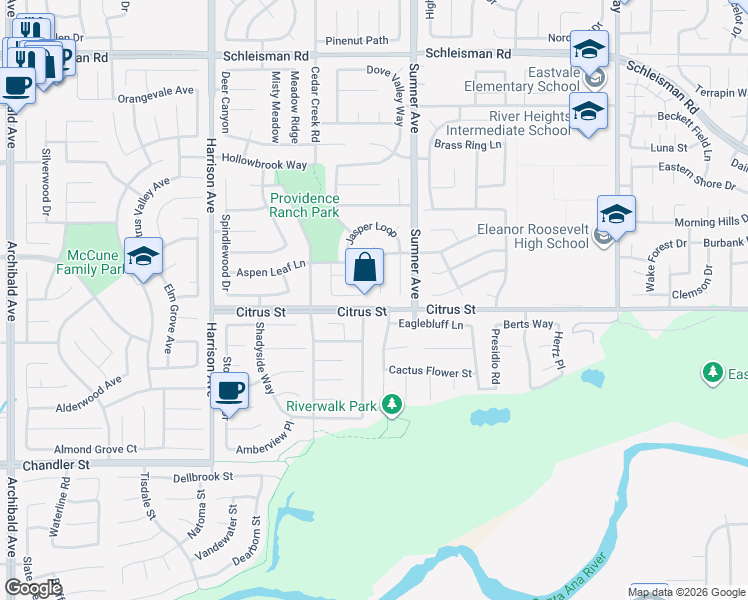 map of restaurants, bars, coffee shops, grocery stores, and more near 7463 4 Winds Court in Corona
